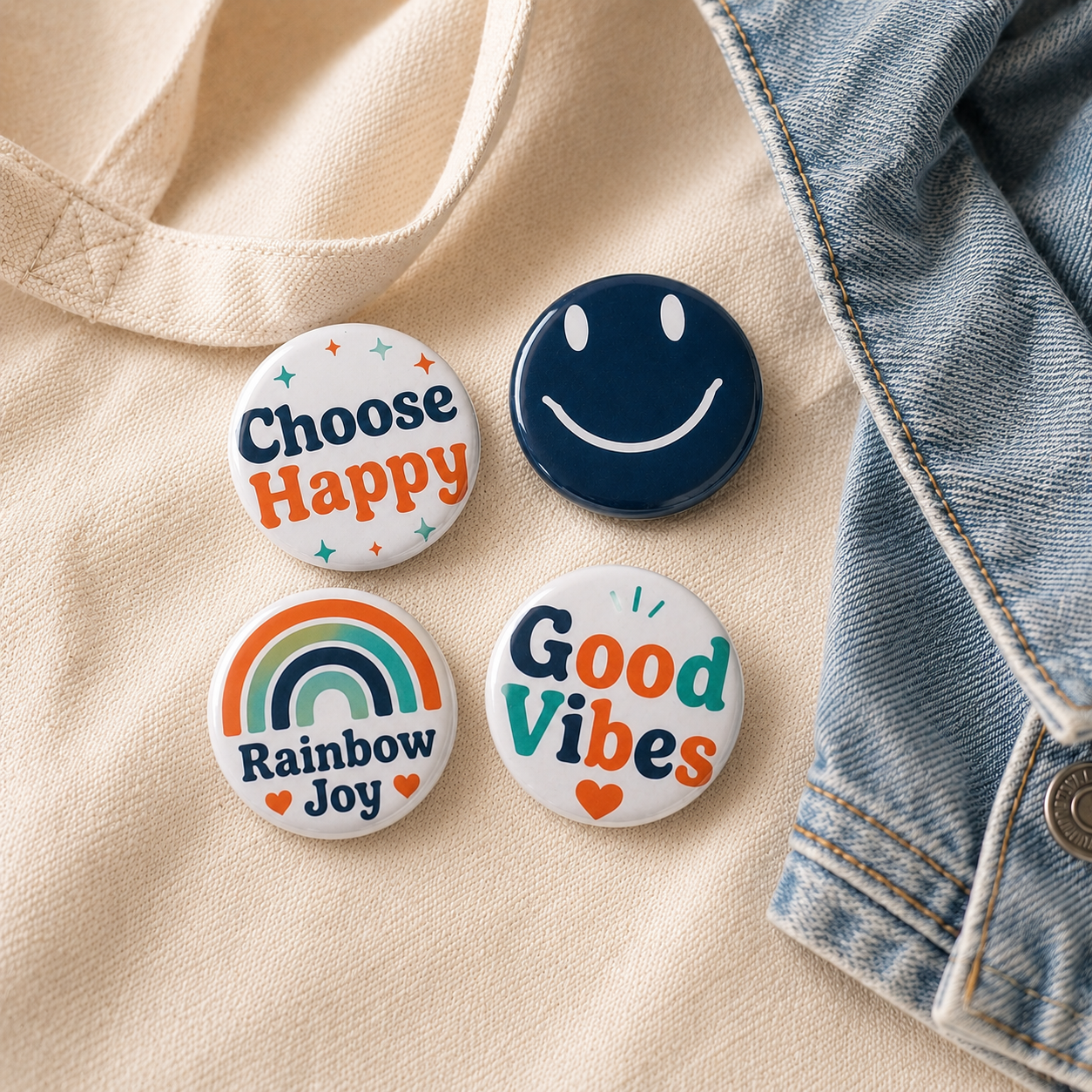 Colorful Carter and Crew buttons arranged on cream fabric beside a denim jacket