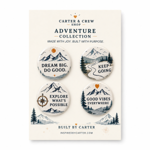 Adventure Collection mockup showing four round mountain-themed designs on a cream Carter & Crew Shop card.