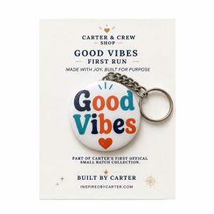 Good Vibes 2.25-inch keychain displayed on its Carter & Crew Shop product card on a wood background.