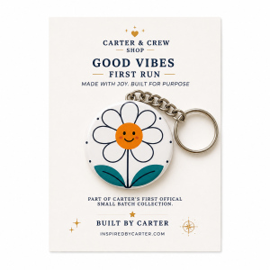 Happy Flower 2.25-inch keychain displayed on its Carter & Crew Shop product card.