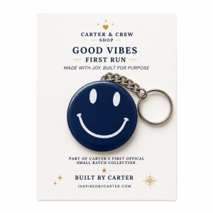 Good Vibes 2.25-inch keychain displayed on its Carter & Crew Shop product card.